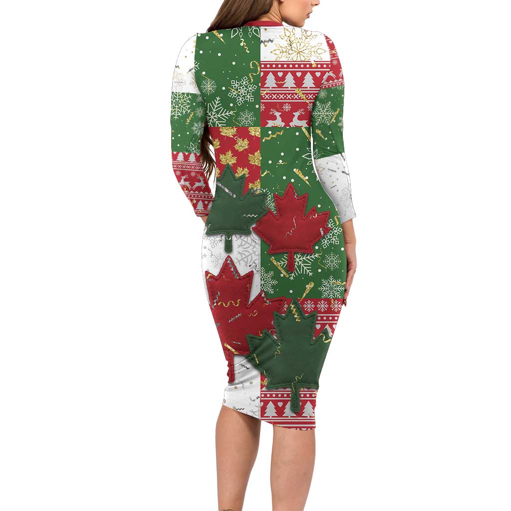 Canada Christmas Family Matching Long Sleeve Bodycon Dress and Hawaiian Shirt Maple Leaves Patchwork Style - Wonder Print Shop