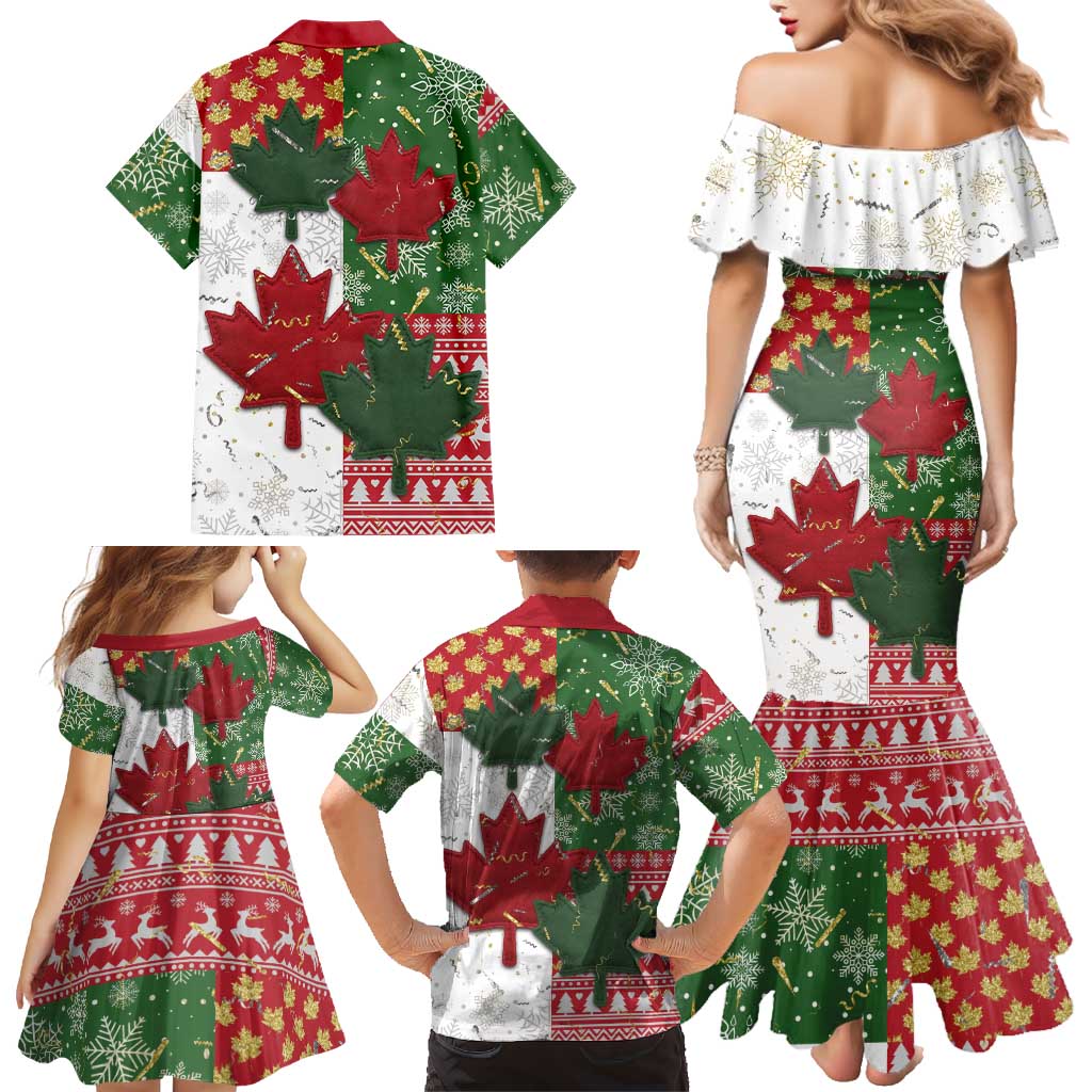 Canada Christmas Family Matching Mermaid Dress and Hawaiian Shirt Maple Leaves Patchwork Style - Wonder Print Shop