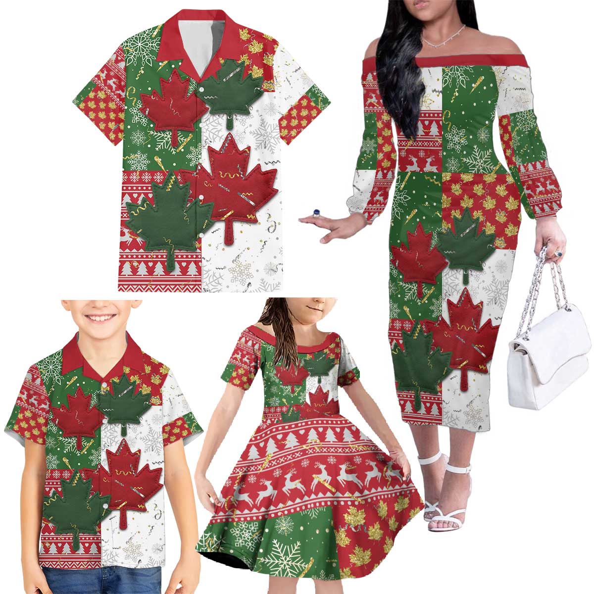 Canada Christmas Family Matching Off The Shoulder Long Sleeve Dress and Hawaiian Shirt Maple Leaves Patchwork Style - Wonder Print Shop