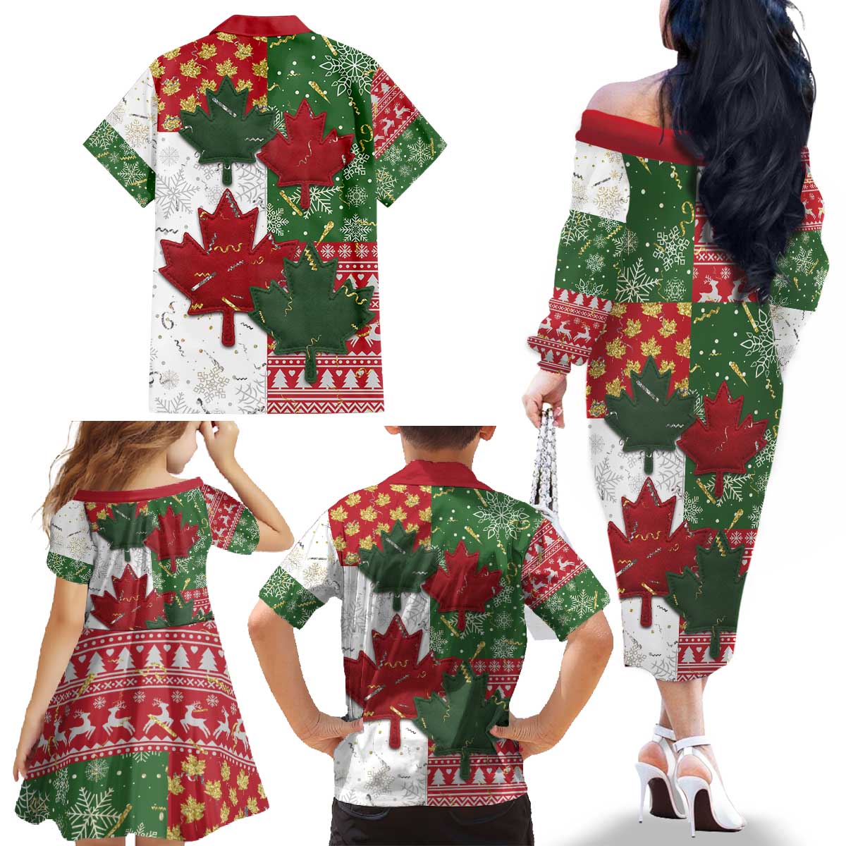 Canada Christmas Family Matching Off The Shoulder Long Sleeve Dress and Hawaiian Shirt Maple Leaves Patchwork Style - Wonder Print Shop