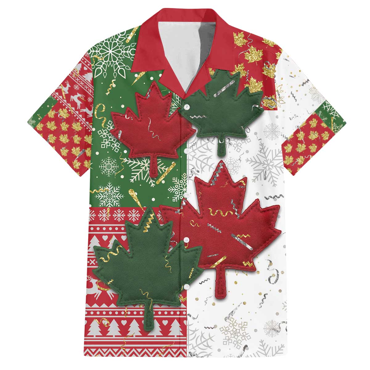 Canada Christmas Family Matching Off The Shoulder Long Sleeve Dress and Hawaiian Shirt Maple Leaves Patchwork Style - Wonder Print Shop