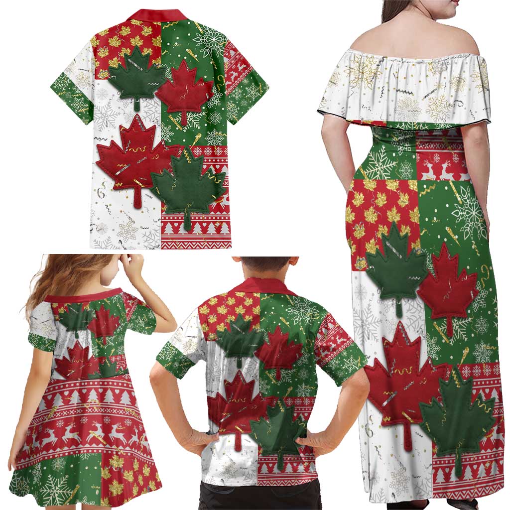 Canada Christmas Family Matching Off Shoulder Maxi Dress and Hawaiian Shirt Maple Leaves Patchwork Style - Wonder Print Shop