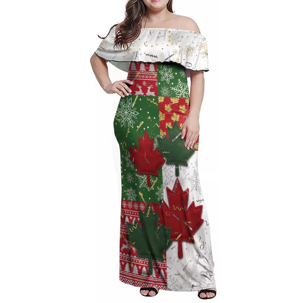 Canada Christmas Family Matching Off Shoulder Maxi Dress and Hawaiian Shirt Maple Leaves Patchwork Style - Wonder Print Shop