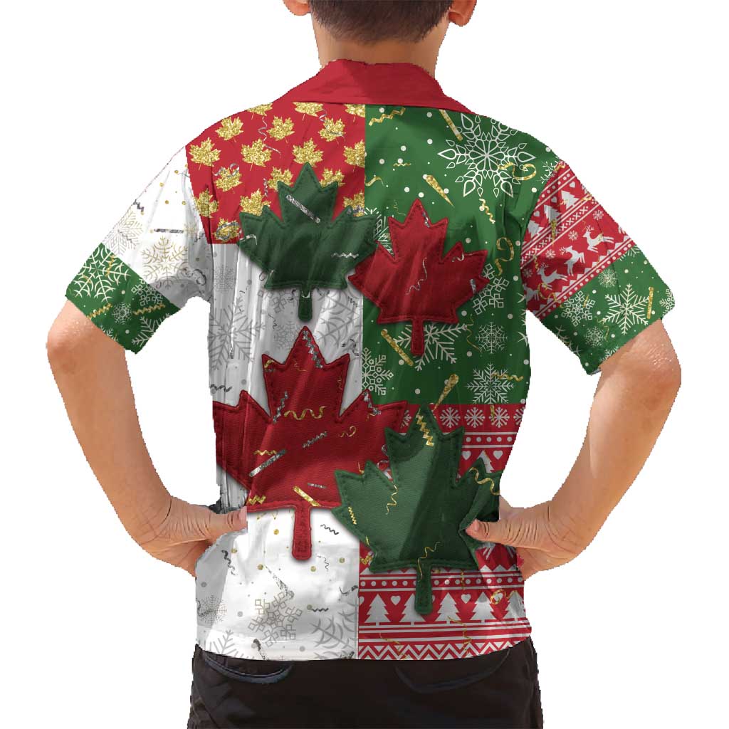 Canada Christmas Family Matching Off Shoulder Short Dress and Hawaiian Shirt Maple Leaves Patchwork Style - Wonder Print Shop