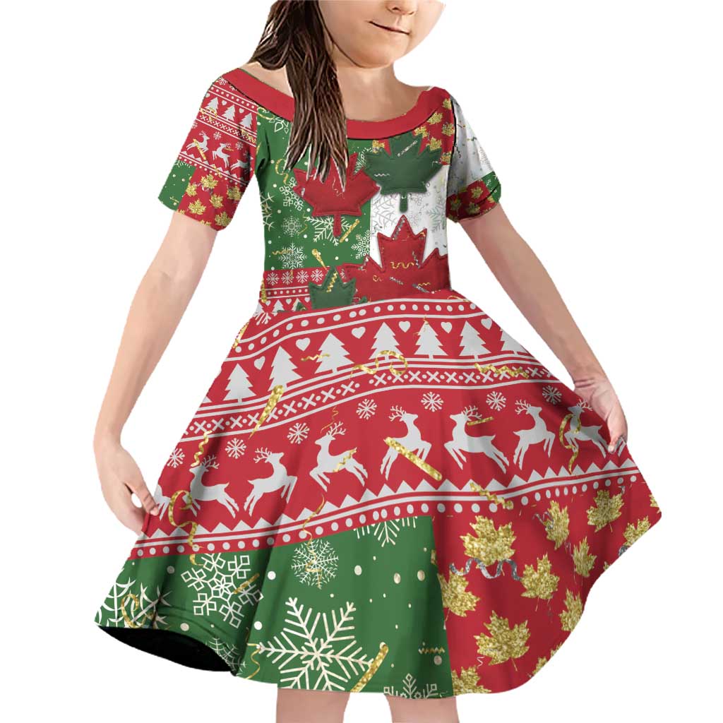 Canada Christmas Family Matching Off Shoulder Short Dress and Hawaiian Shirt Maple Leaves Patchwork Style - Wonder Print Shop