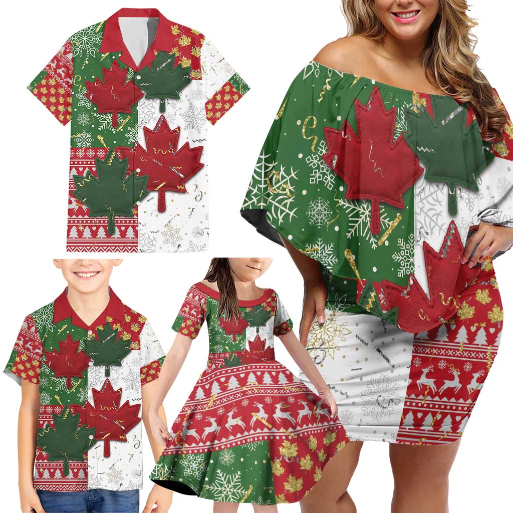 Canada Christmas Family Matching Off Shoulder Short Dress and Hawaiian Shirt Maple Leaves Patchwork Style - Wonder Print Shop