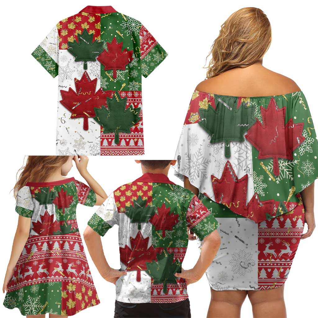 Canada Christmas Family Matching Off Shoulder Short Dress and Hawaiian Shirt Maple Leaves Patchwork Style - Wonder Print Shop
