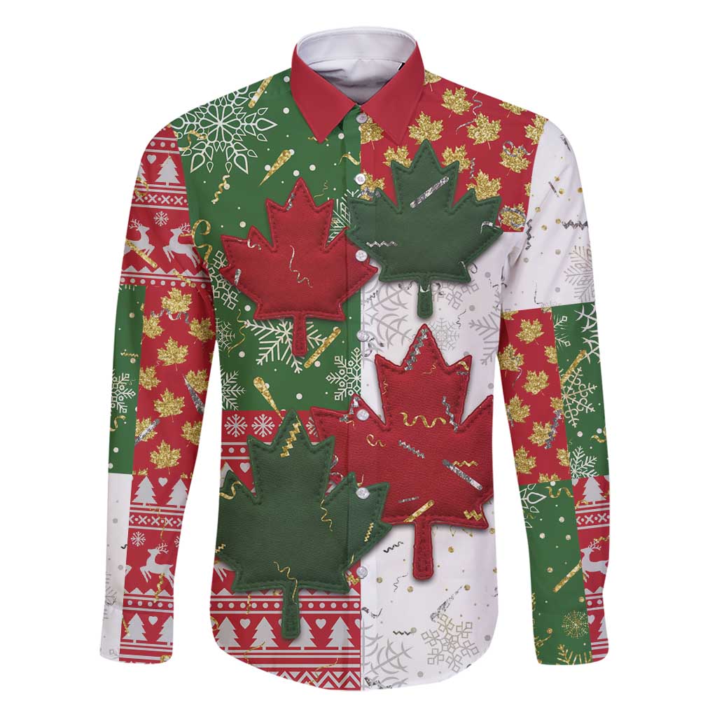 Canada Christmas Family Matching Off Shoulder Short Dress and Hawaiian Shirt Maple Leaves Patchwork Style - Wonder Print Shop