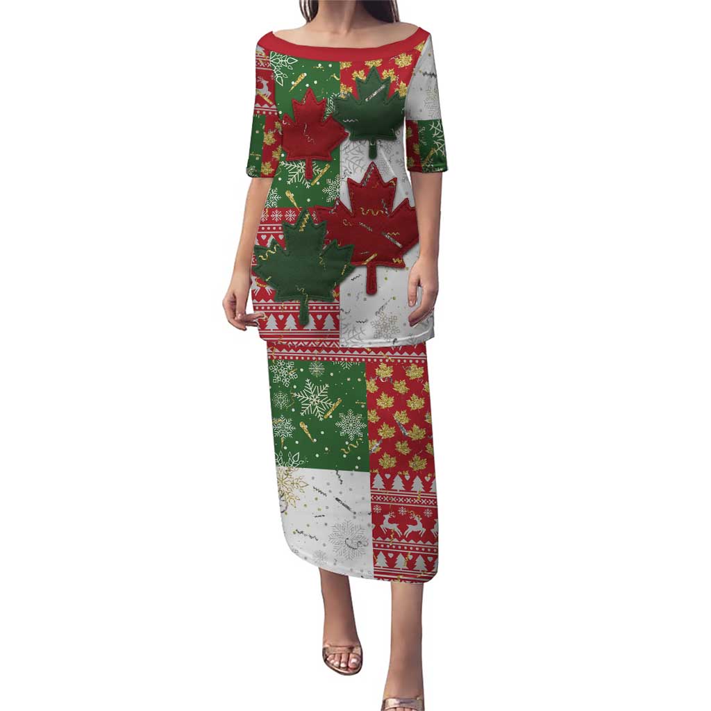 Canada Christmas Family Matching Puletasi and Hawaiian Shirt Maple Leaves Patchwork Style - Wonder Print Shop