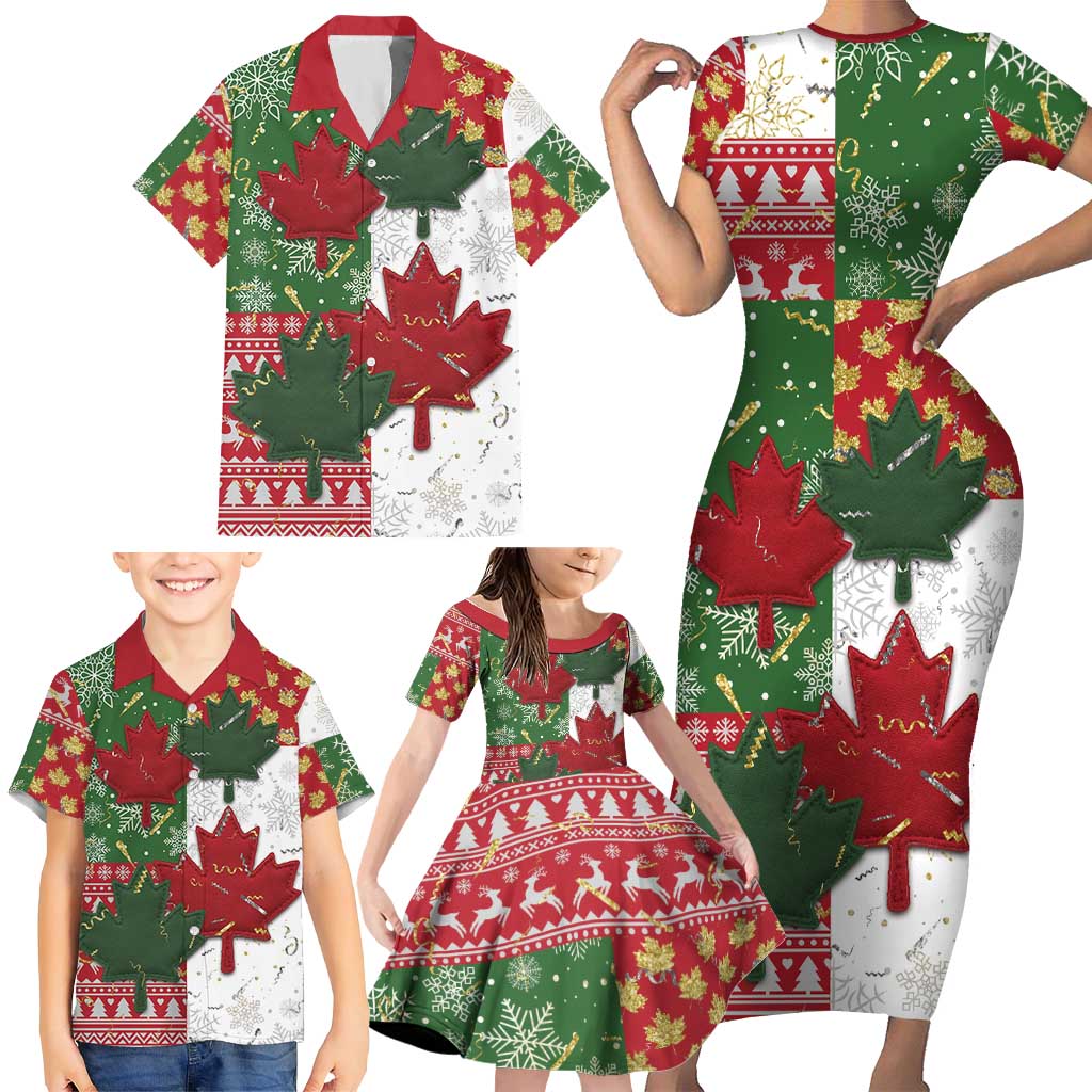 Canada Christmas Family Matching Short Sleeve Bodycon Dress and Hawaiian Shirt Maple Leaves Patchwork Style - Wonder Print Shop