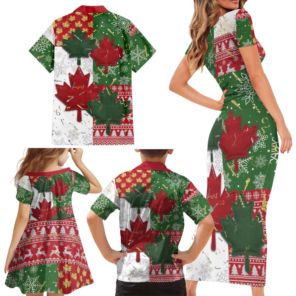 Canada Christmas Family Matching Short Sleeve Bodycon Dress and Hawaiian Shirt Maple Leaves Patchwork Style - Wonder Print Shop