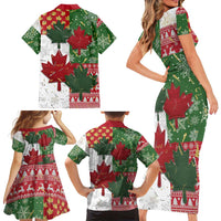 Canada Christmas Family Matching Short Sleeve Bodycon Dress and Hawaiian Shirt Maple Leaves Patchwork Style - Wonder Print Shop
