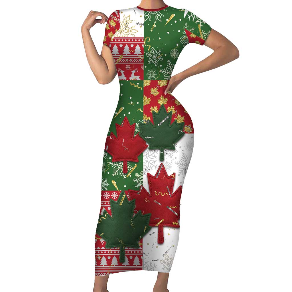 Canada Christmas Family Matching Short Sleeve Bodycon Dress and Hawaiian Shirt Maple Leaves Patchwork Style - Wonder Print Shop
