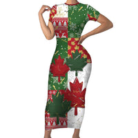 Canada Christmas Family Matching Short Sleeve Bodycon Dress and Hawaiian Shirt Maple Leaves Patchwork Style - Wonder Print Shop