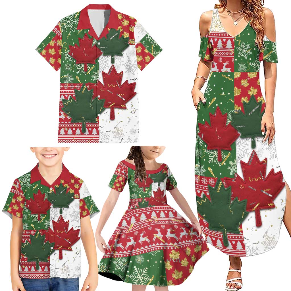 Canada Christmas Family Matching Summer Maxi Dress and Hawaiian Shirt Maple Leaves Patchwork Style - Wonder Print Shop