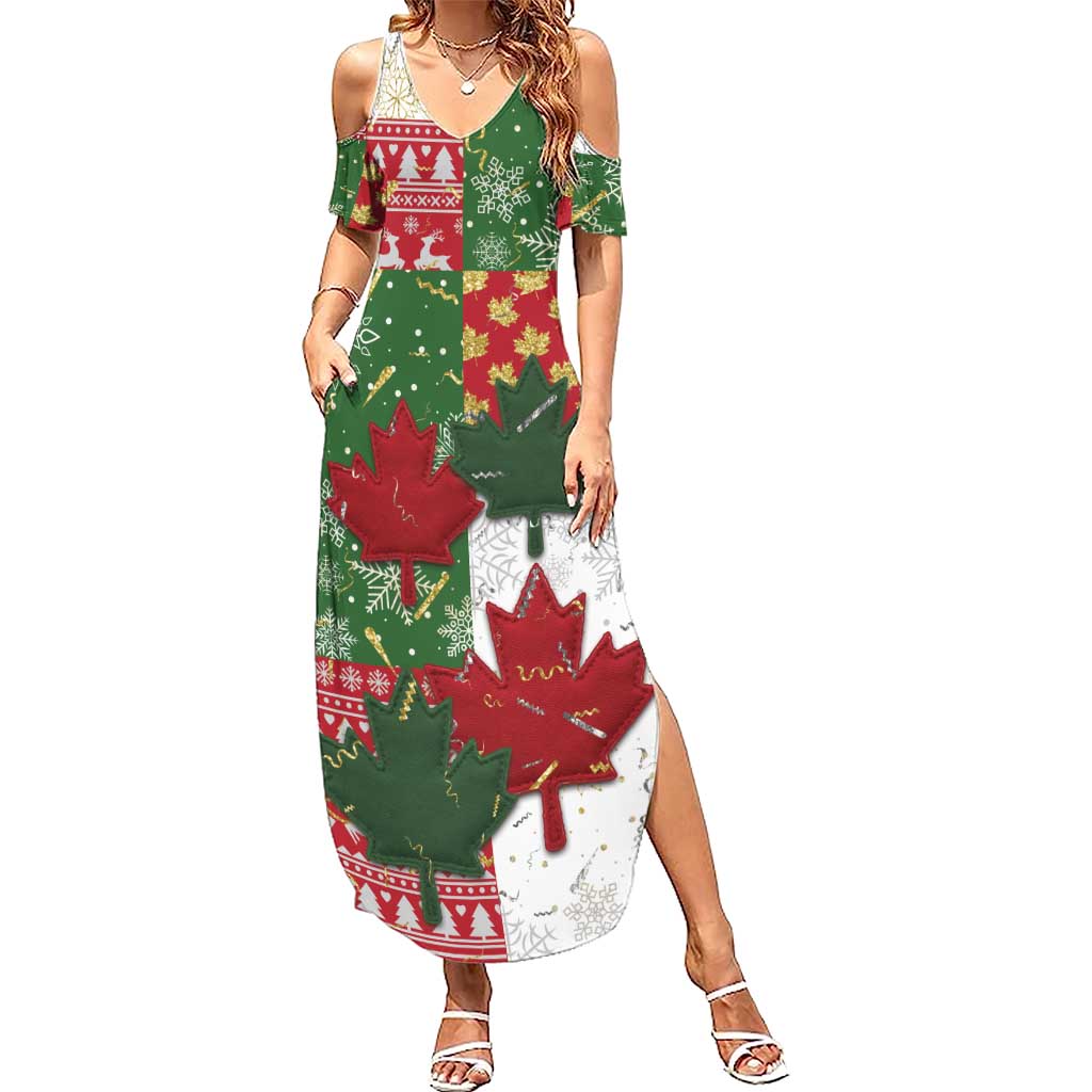 Canada Christmas Family Matching Summer Maxi Dress and Hawaiian Shirt Maple Leaves Patchwork Style - Wonder Print Shop