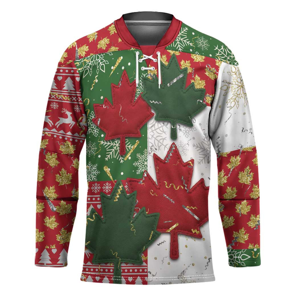 Canada Christmas Hockey Jersey Maple Leaves Patchwork Style - Wonder Print Shop