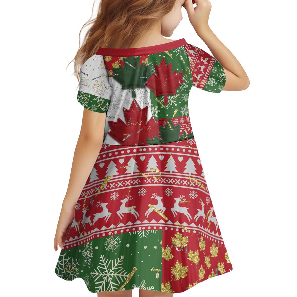 Canada Christmas Kid Short Sleeve Dress Maple Leaves Patchwork Style - Wonder Print Shop