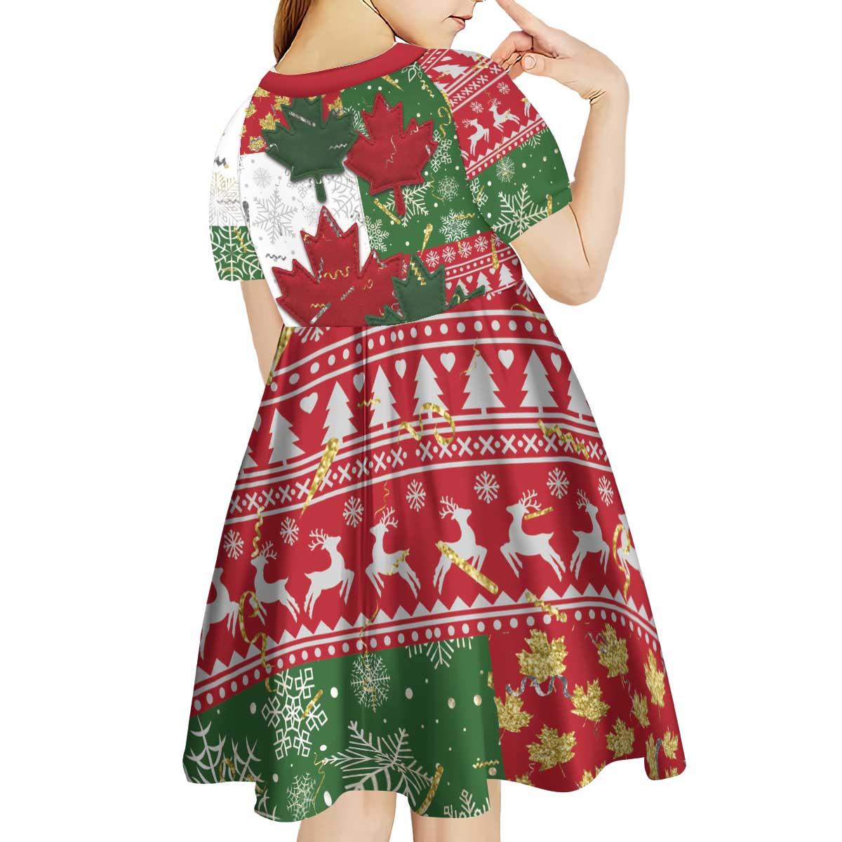 Canada Christmas Kid Short Sleeve Dress Maple Leaves Patchwork Style - Wonder Print Shop