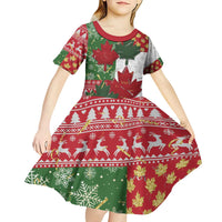 Canada Christmas Kid Short Sleeve Dress Maple Leaves Patchwork Style - Wonder Print Shop