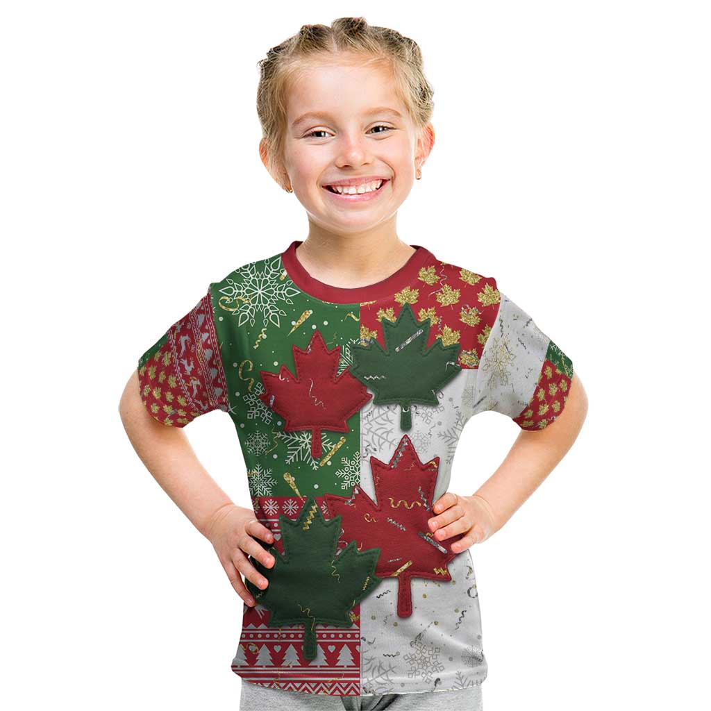 Canada Christmas Kid T Shirt Maple Leaves Patchwork Style - Wonder Print Shop