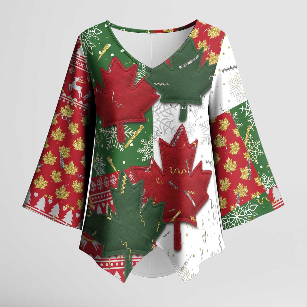 Canada Christmas Kimono Sleeve Blouse Maple Leaves Patchwork Style - Wonder Print Shop