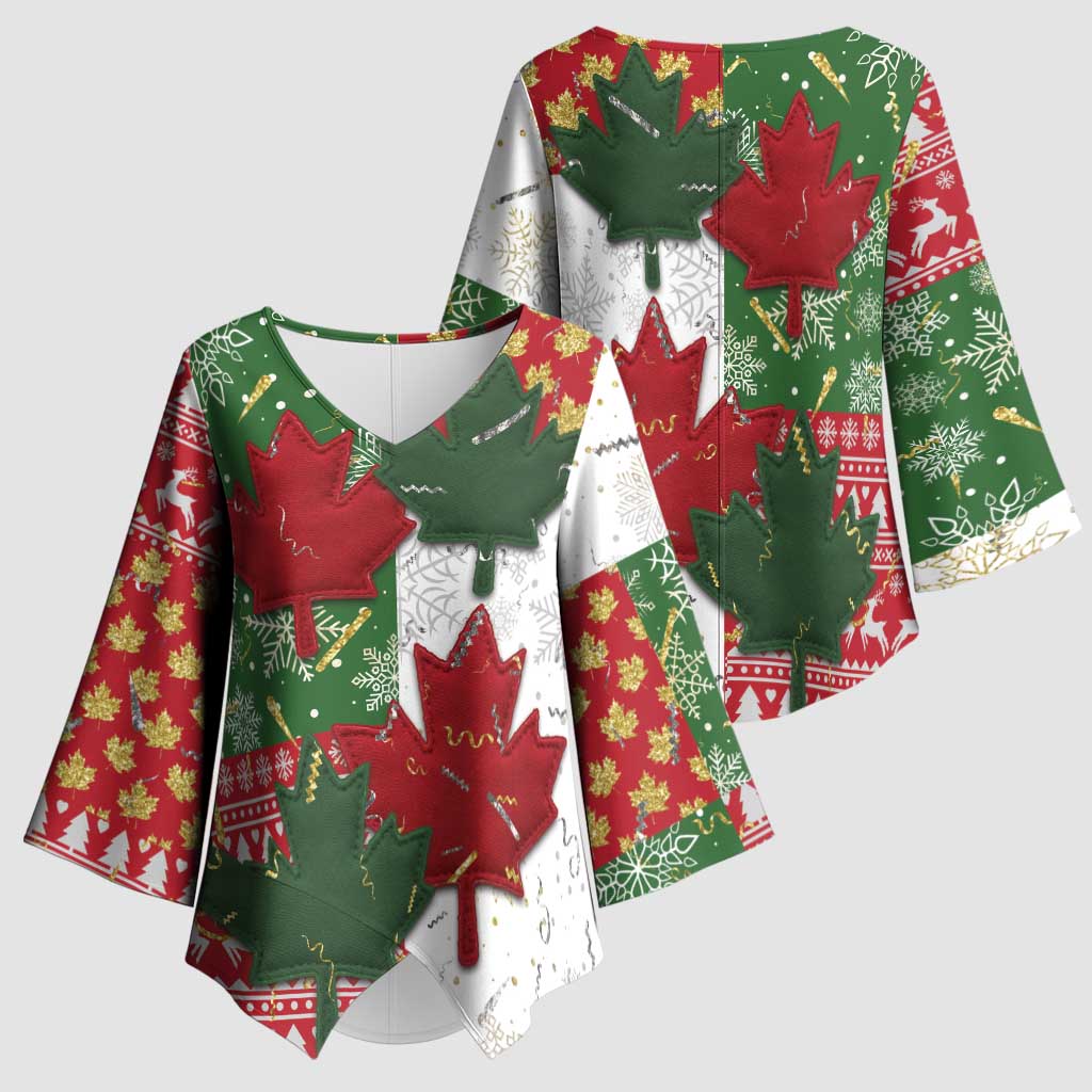 Canada Christmas Kimono Sleeve Blouse Maple Leaves Patchwork Style - Wonder Print Shop