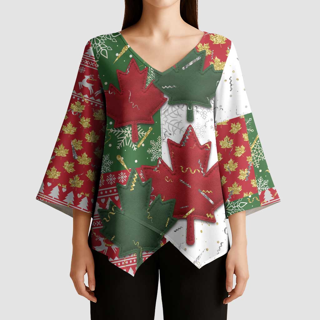 Canada Christmas Kimono Sleeve Blouse Maple Leaves Patchwork Style - Wonder Print Shop