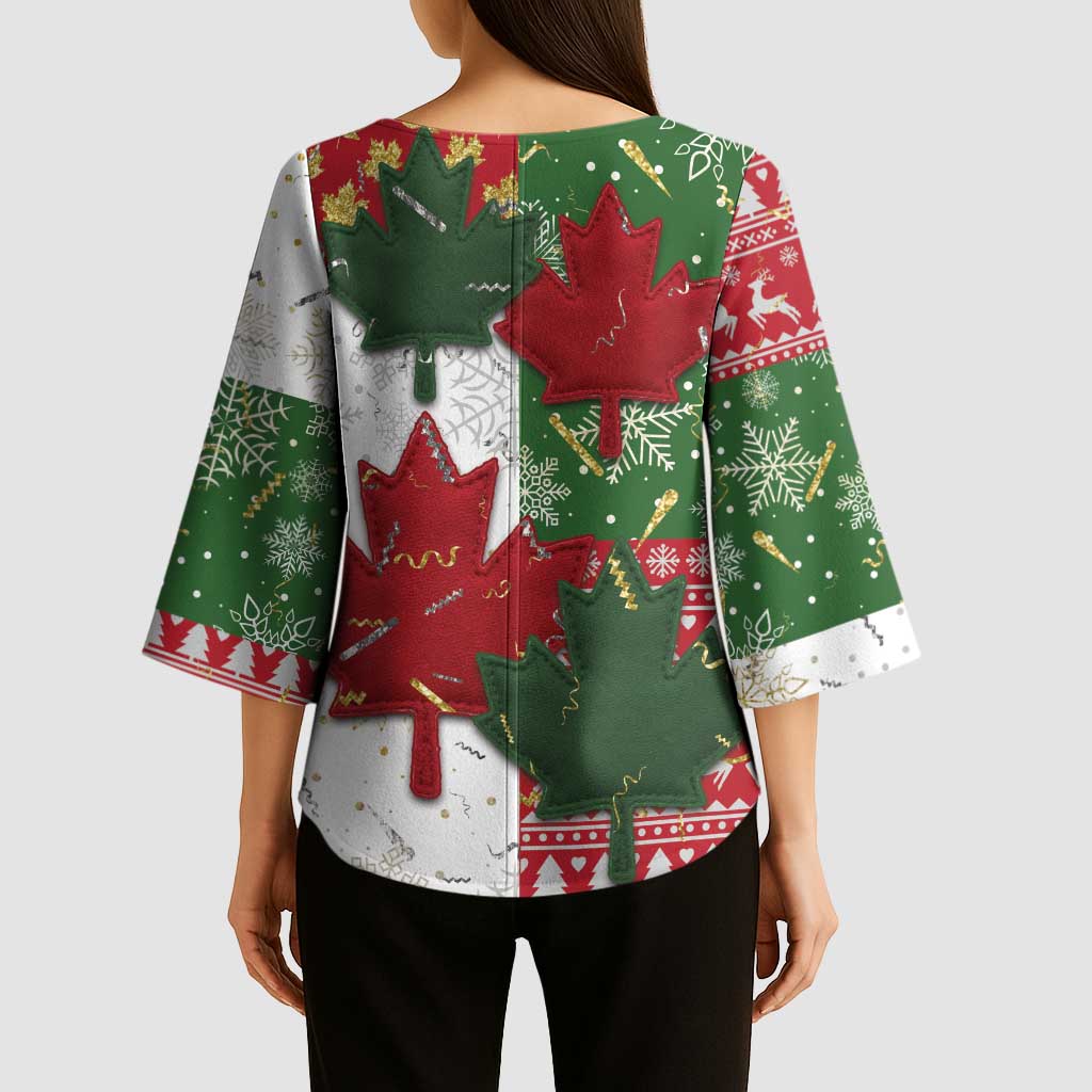 Canada Christmas Kimono Sleeve Blouse Maple Leaves Patchwork Style - Wonder Print Shop