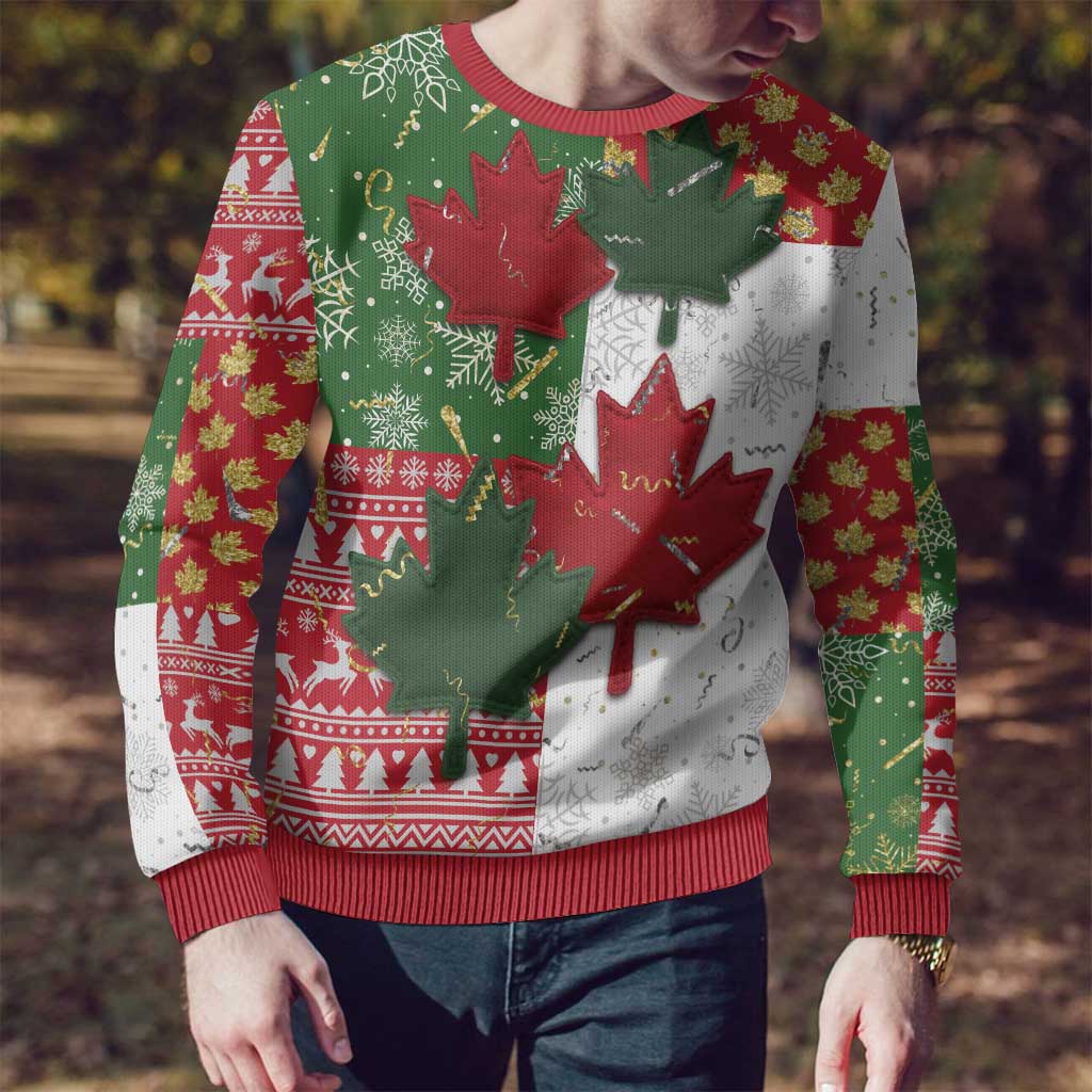 Canada Christmas Ugly Christmas Sweater Maple Leaves Patchwork Style - Wonder Print Shop