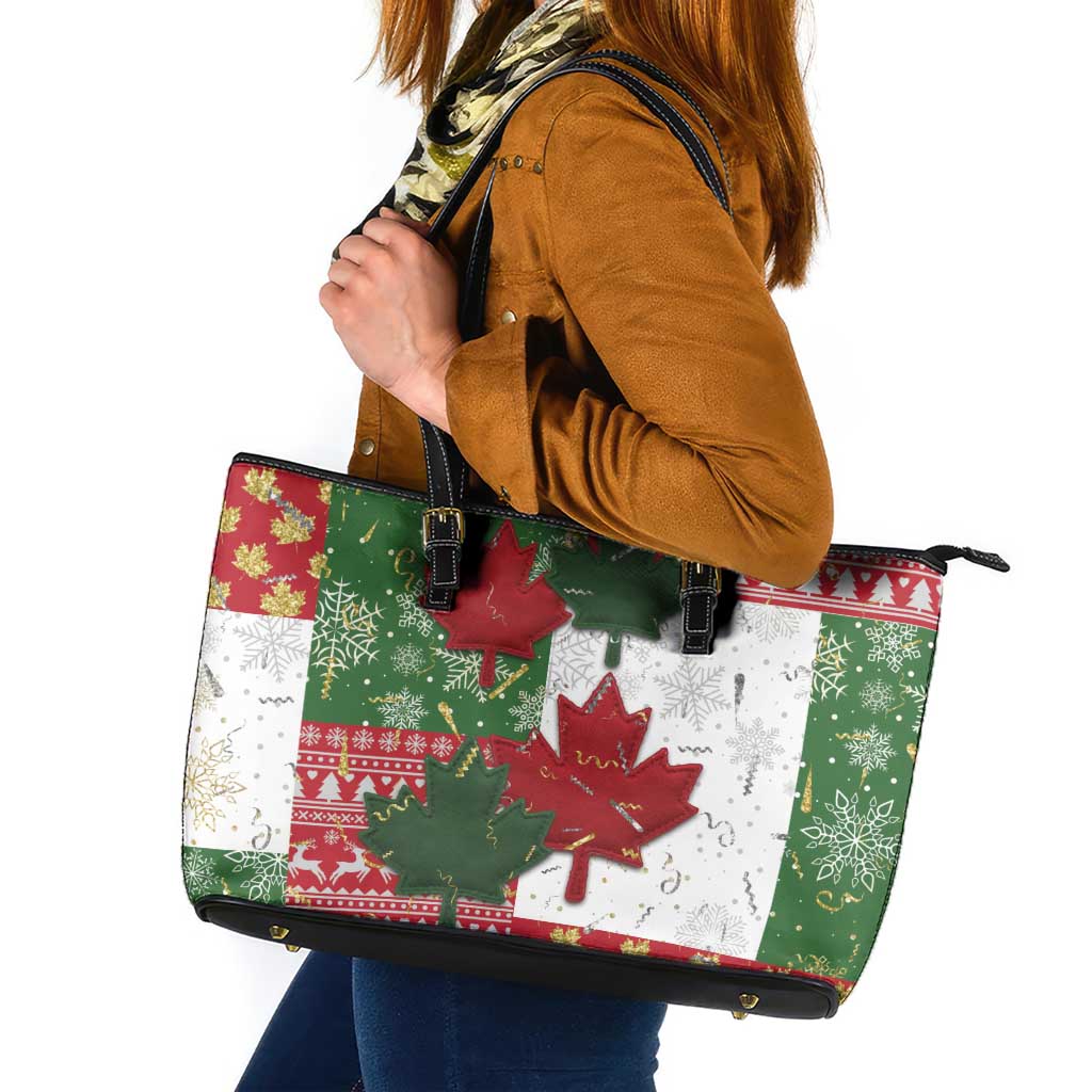 Canada Christmas Leather Tote Bag Maple Leaves Patchwork Style - Wonder Print Shop