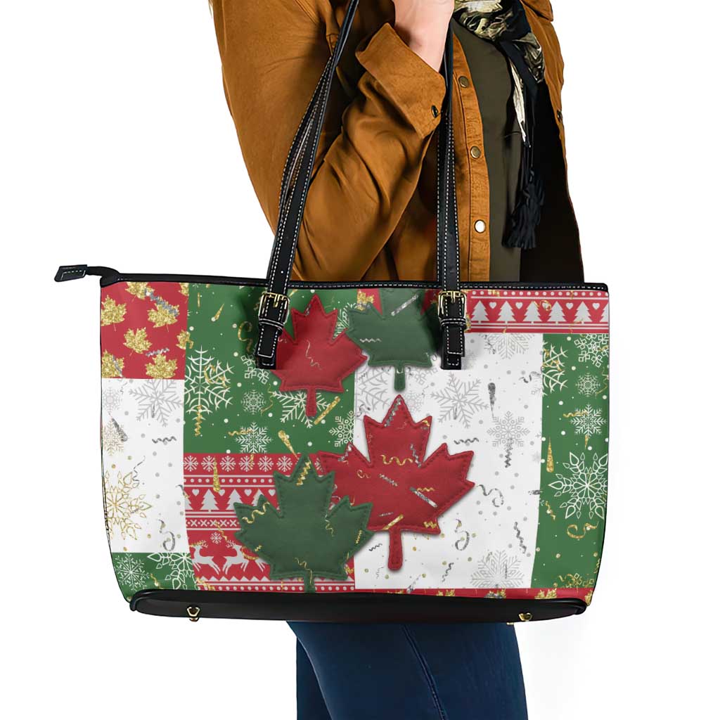 Canada Christmas Leather Tote Bag Maple Leaves Patchwork Style - Wonder Print Shop