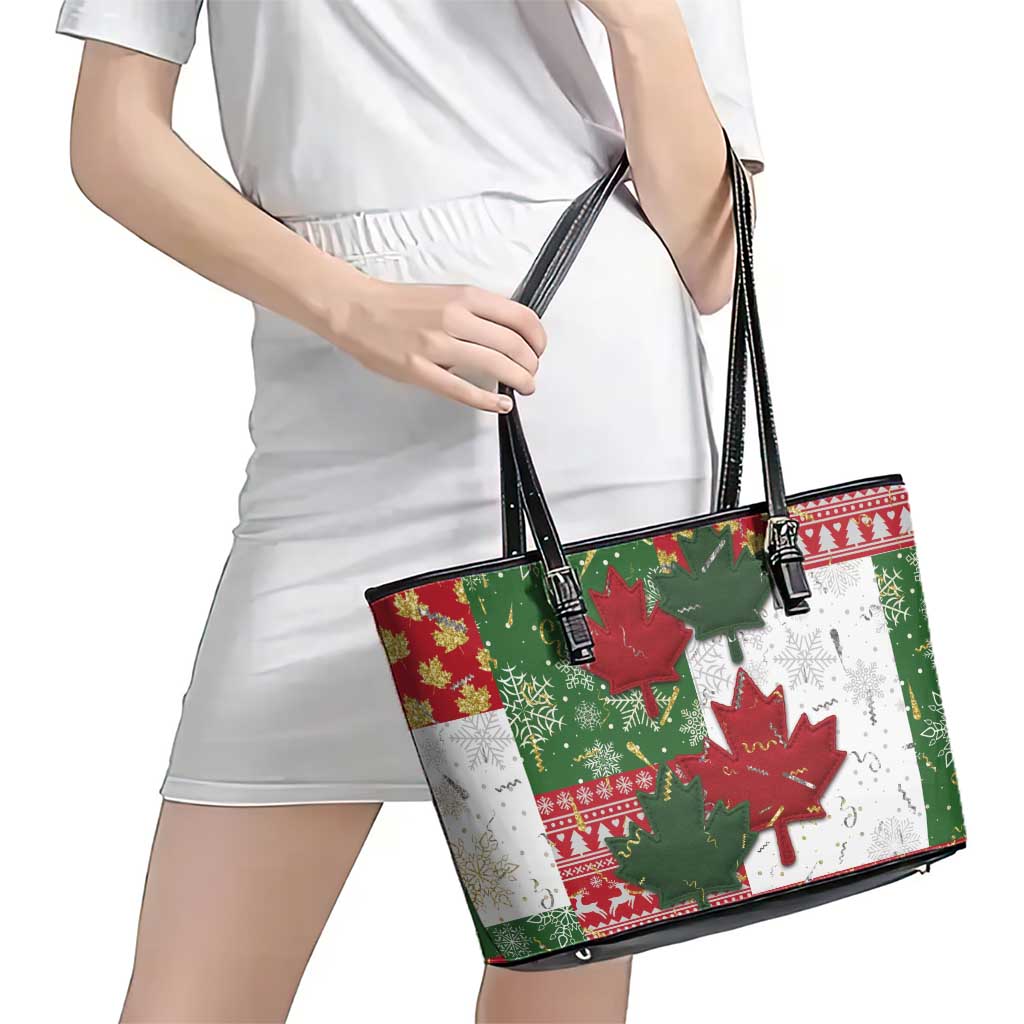 Canada Christmas Leather Tote Bag Maple Leaves Patchwork Style - Wonder Print Shop