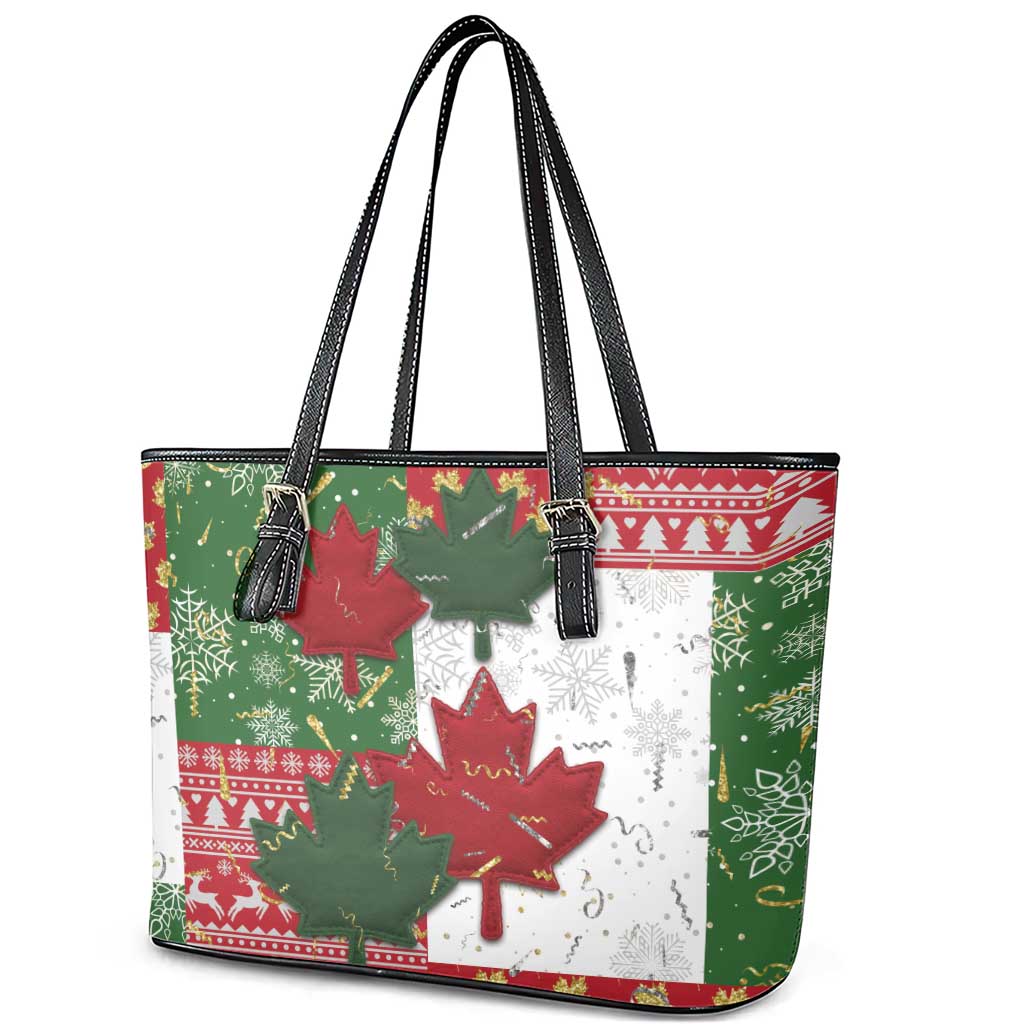 Canada Christmas Leather Tote Bag Maple Leaves Patchwork Style - Wonder Print Shop