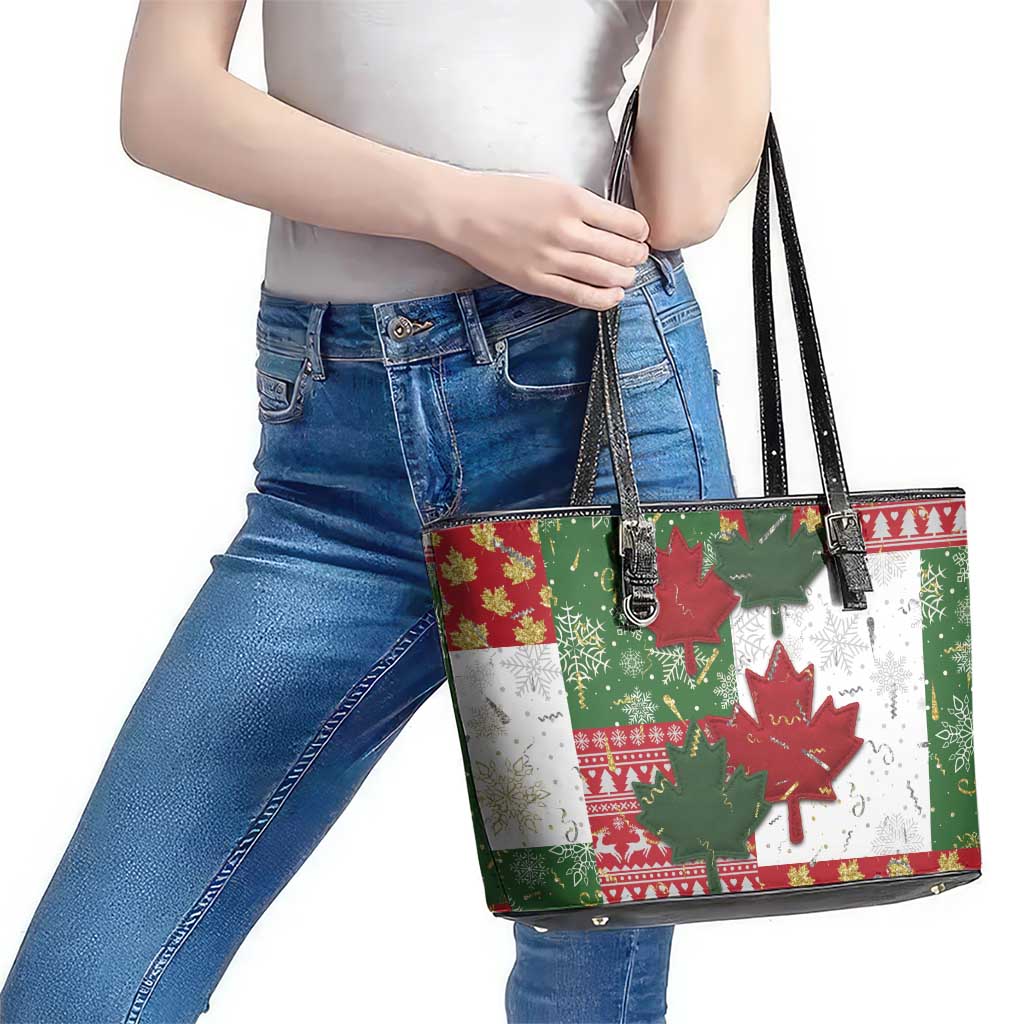 Canada Christmas Leather Tote Bag Maple Leaves Patchwork Style - Wonder Print Shop