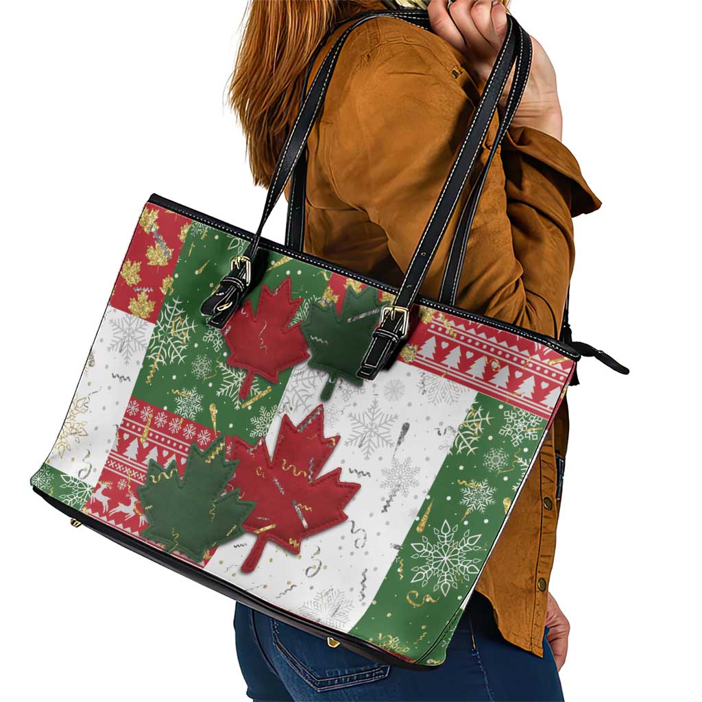 Canada Christmas Leather Tote Bag Maple Leaves Patchwork Style - Wonder Print Shop