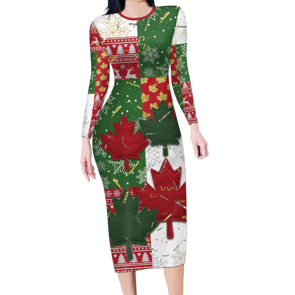 Canada Christmas Long Sleeve Bodycon Dress Maple Leaves Patchwork Style - Wonder Print Shop