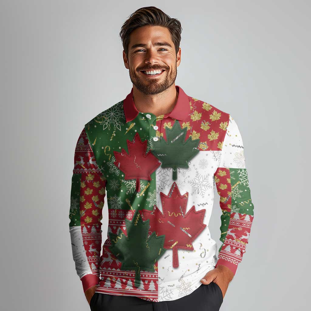 Canada Christmas Long Sleeve Polo Shirt Maple Leaves Patchwork Style - Wonder Print Shop