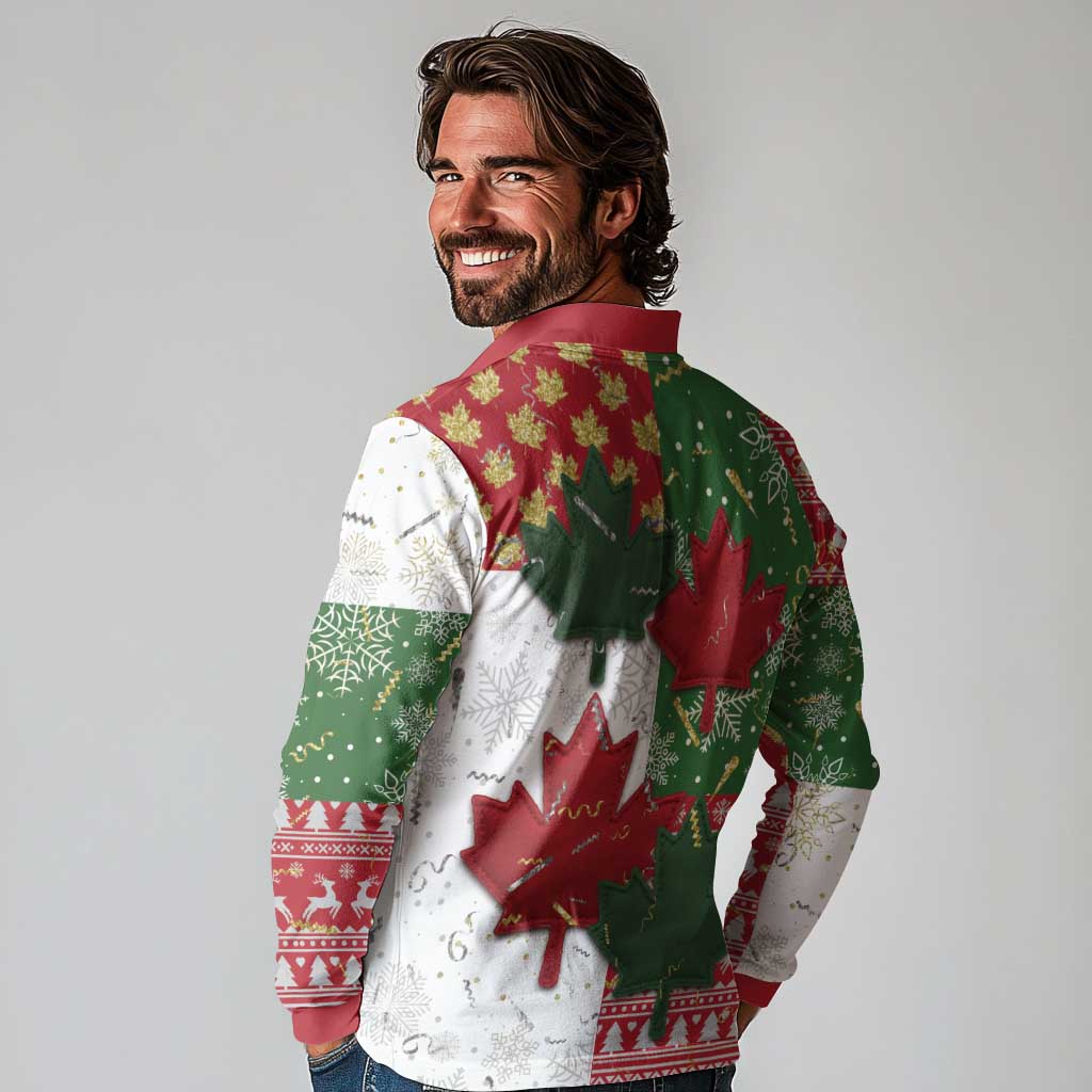 Canada Christmas Long Sleeve Polo Shirt Maple Leaves Patchwork Style - Wonder Print Shop