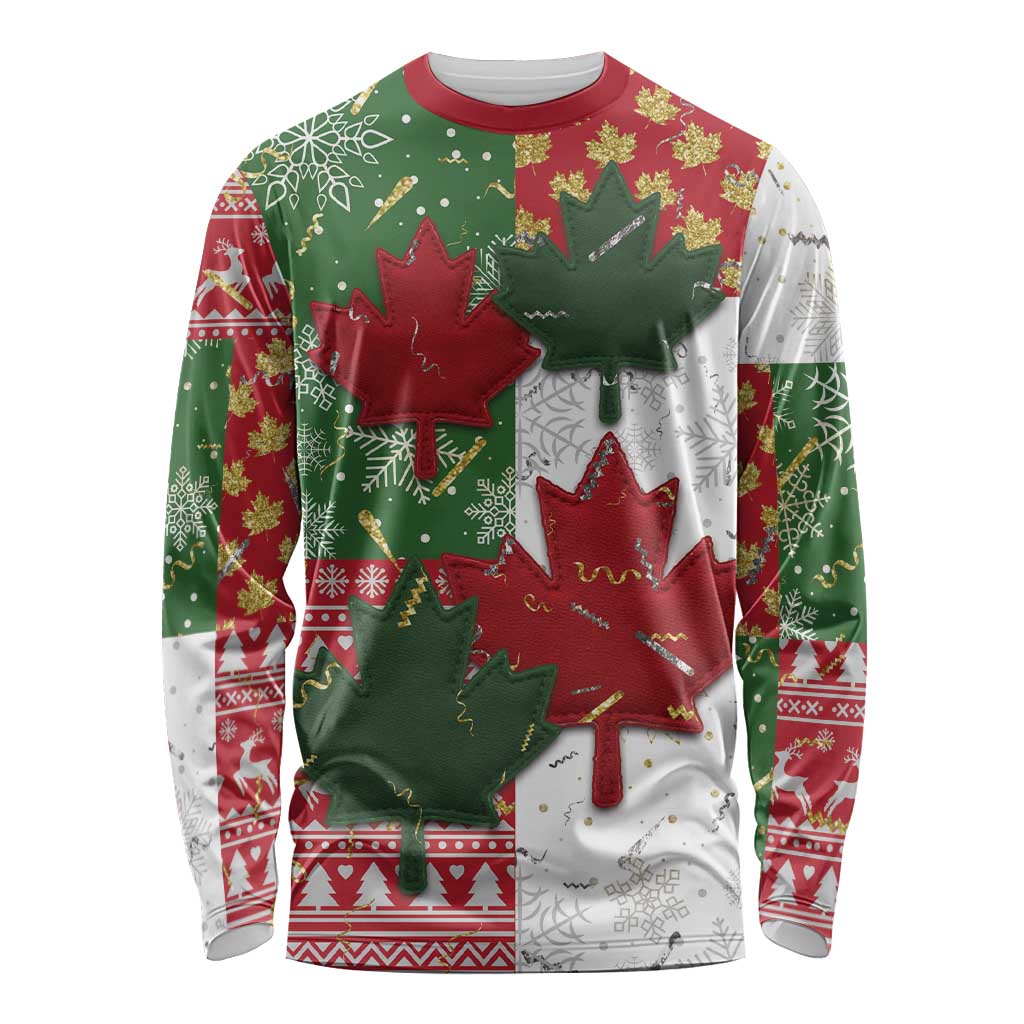 Canada Christmas Long Sleeve Shirt Maple Leaves Patchwork Style - Wonder Print Shop