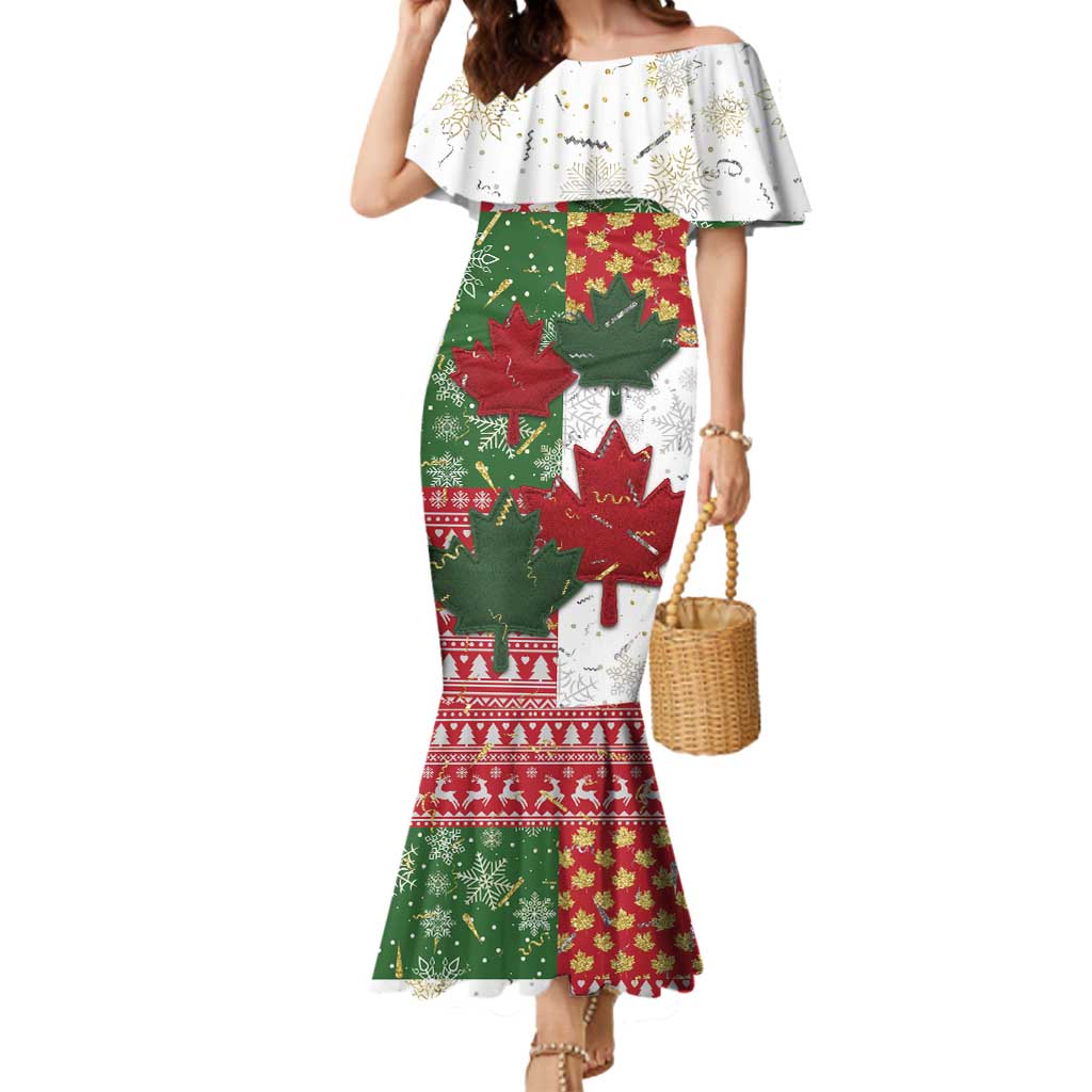 Canada Christmas Mermaid Dress Maple Leaves Patchwork Style - Wonder Print Shop