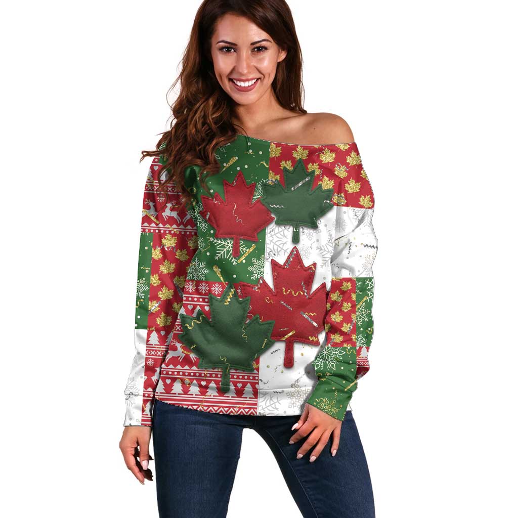 Canada Christmas Off Shoulder Sweater Maple Leaves Patchwork Style - Wonder Print Shop