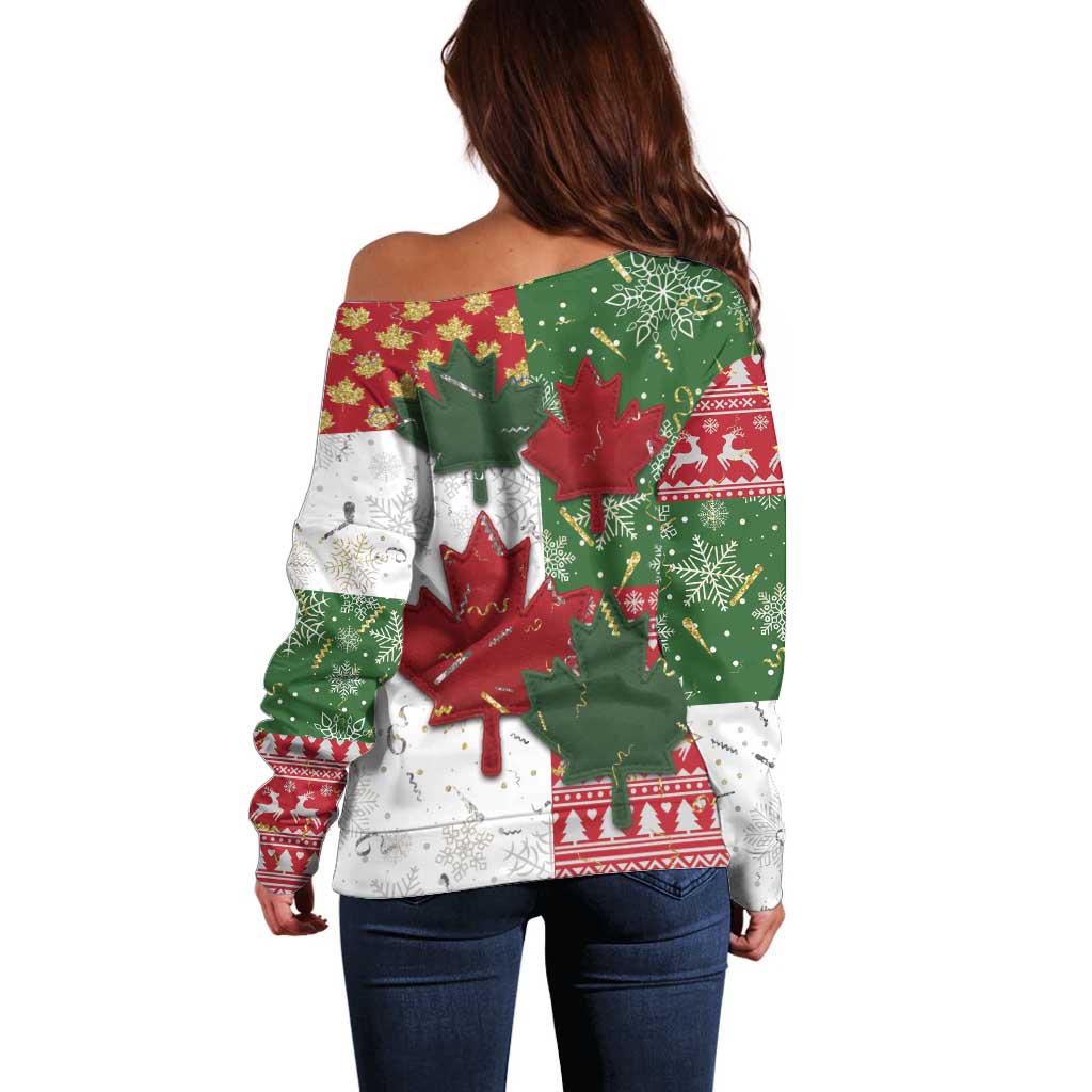 Canada Christmas Off Shoulder Sweater Maple Leaves Patchwork Style - Wonder Print Shop