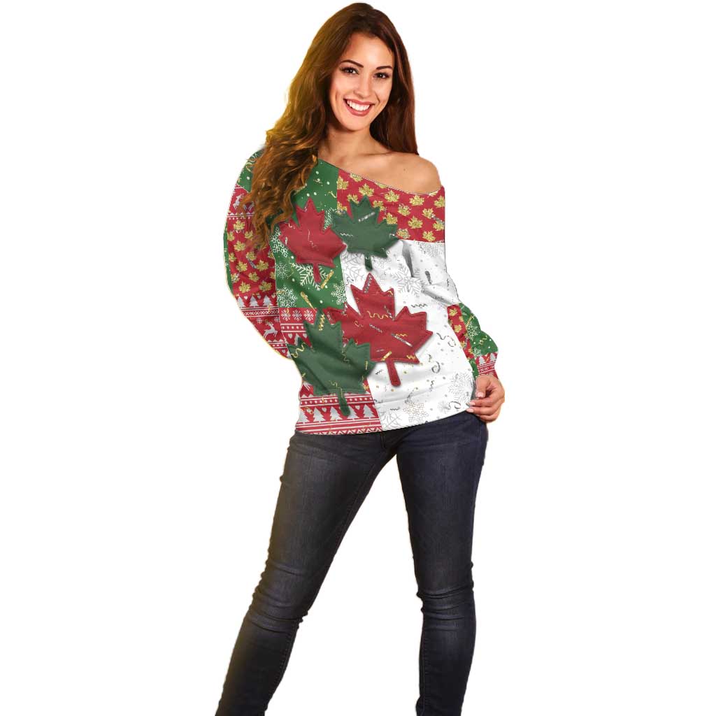 Canada Christmas Off Shoulder Sweater Maple Leaves Patchwork Style - Wonder Print Shop