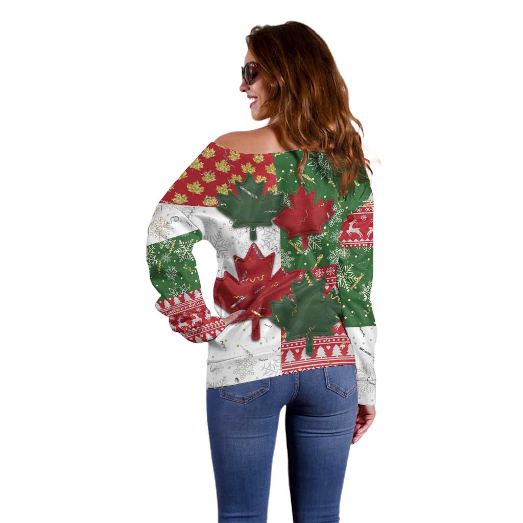 Canada Christmas Off Shoulder Sweater Maple Leaves Patchwork Style - Wonder Print Shop