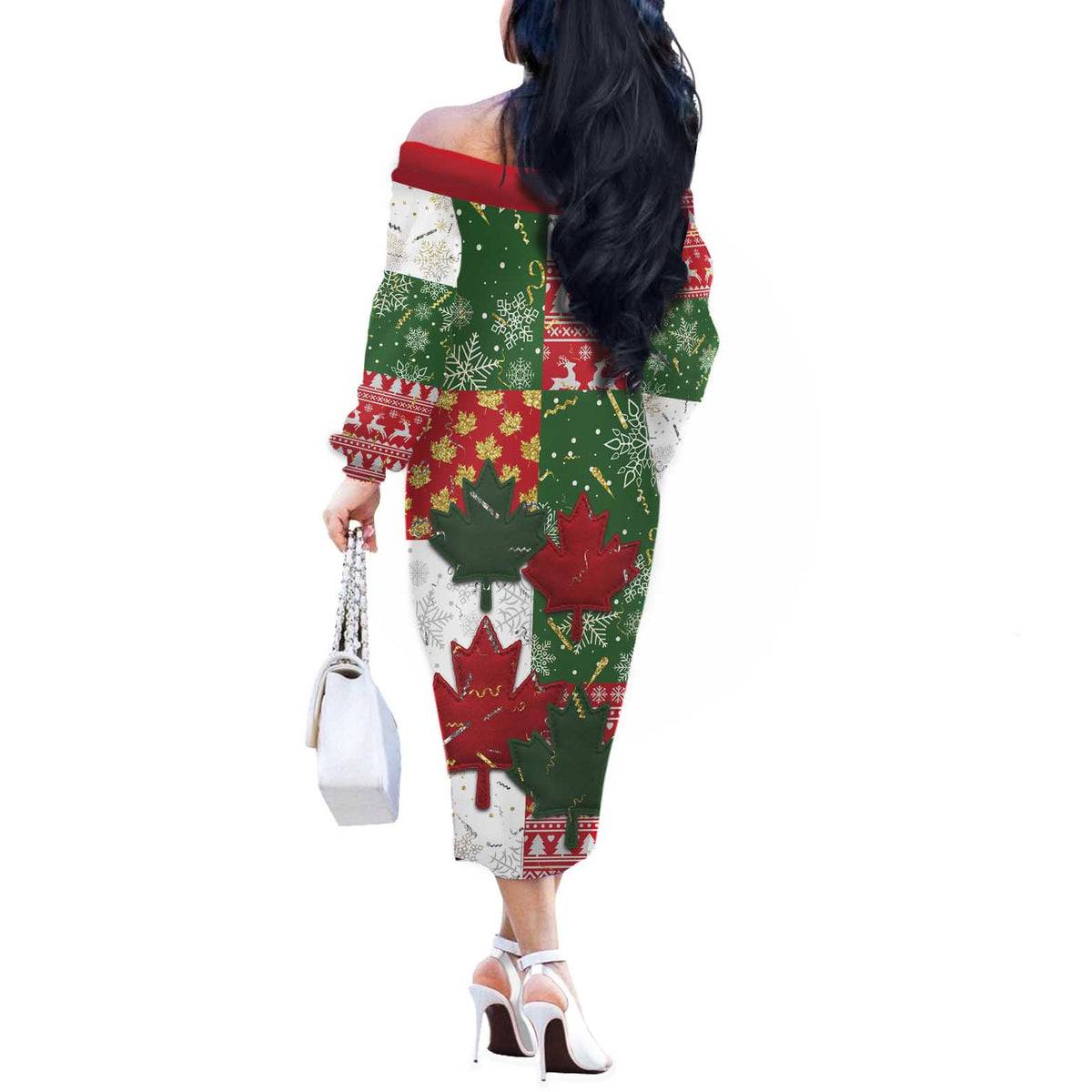 Canada Christmas Off The Shoulder Long Sleeve Dress Maple Leaves Patchwork Style - Wonder Print Shop
