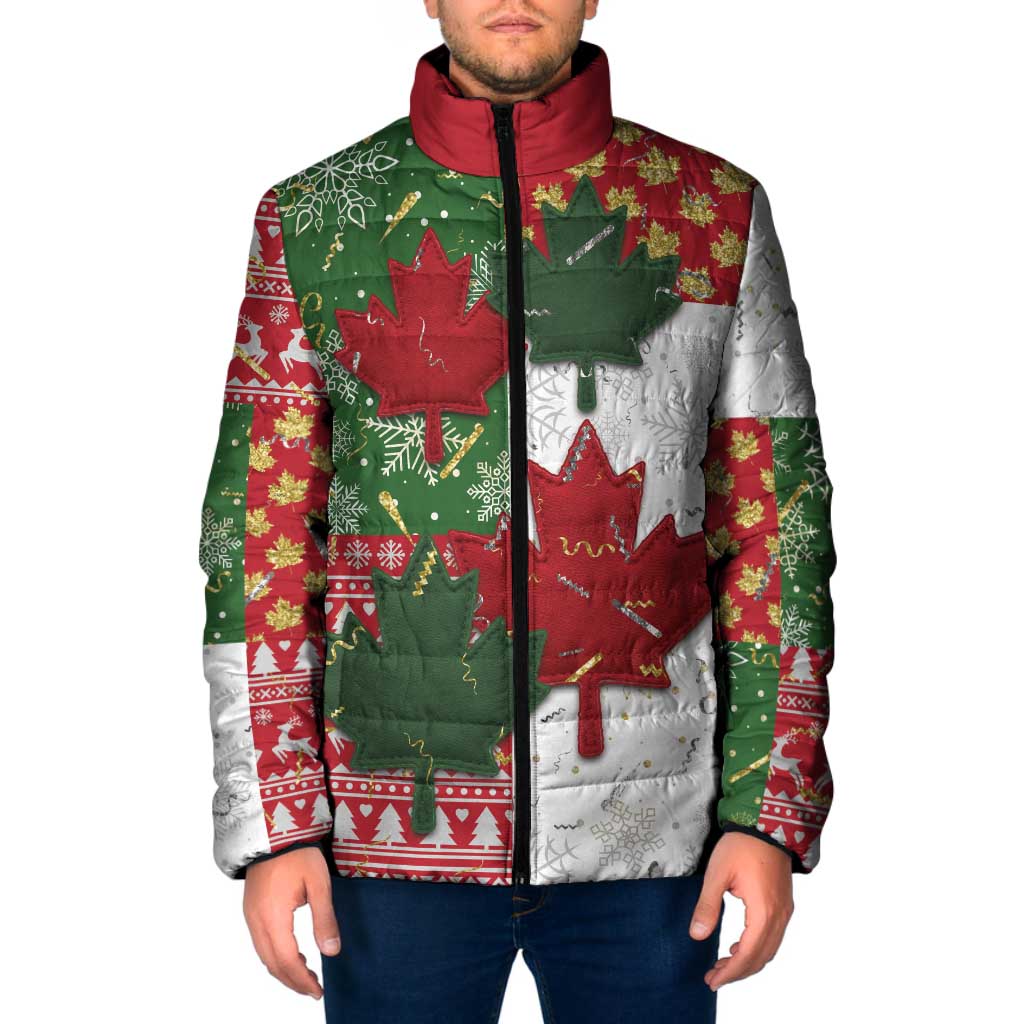 Canada Christmas Padded Jacket Maple Leaves Patchwork Style - Wonder Print Shop