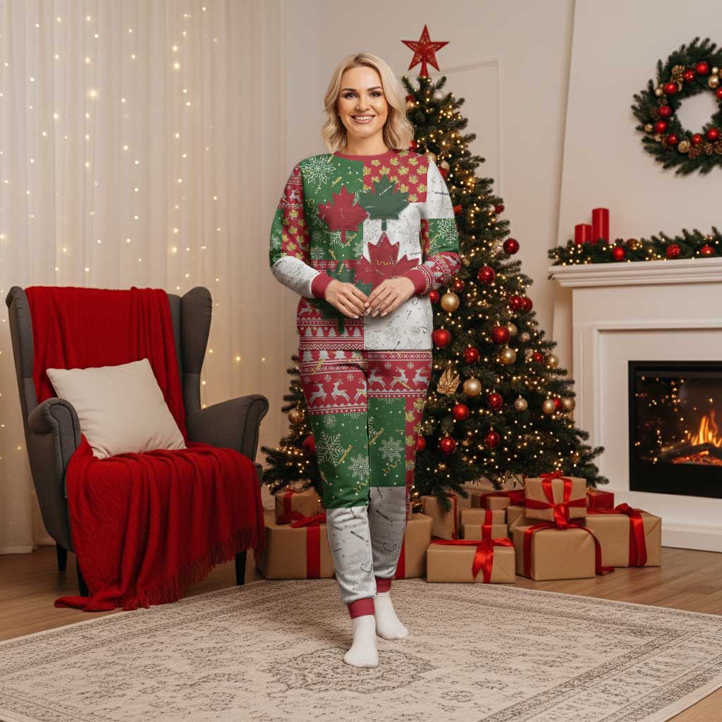 Canada Christmas Pajama Set Maple Leaves Patchwork Style - Wonder Print Shop