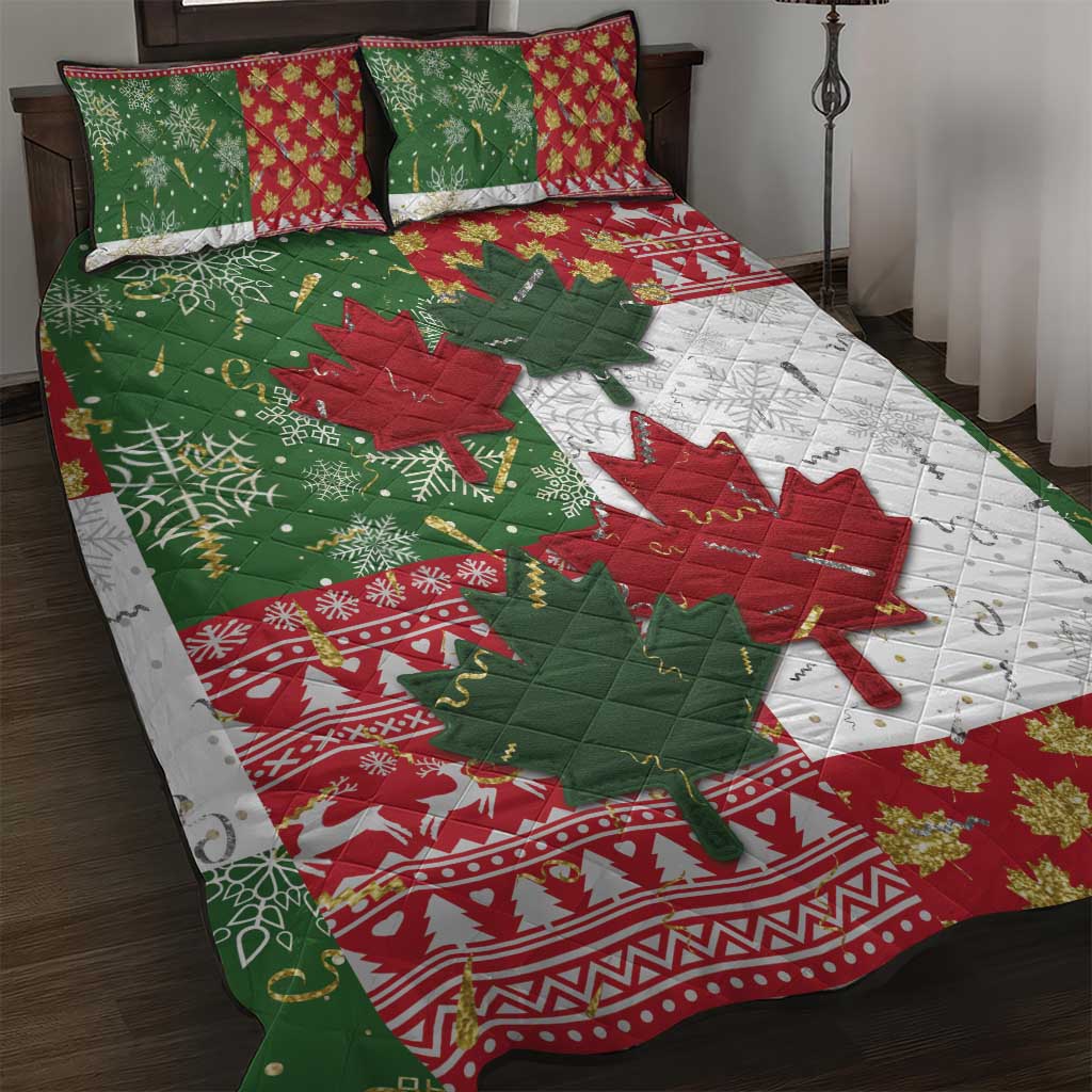 Canada Christmas Quilt Bed Set Maple Leaves Patchwork Style - Wonder Print Shop