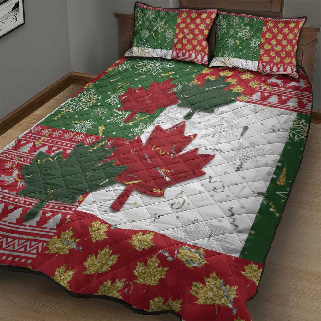 Canada Christmas Quilt Bed Set Maple Leaves Patchwork Style - Wonder Print Shop
